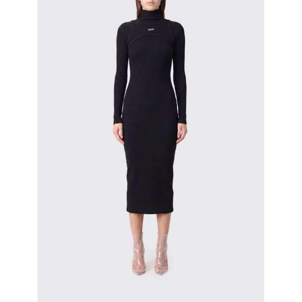 Off-White Women Off-White Cotton Knit Sheath Midi Dress With Polo Neck